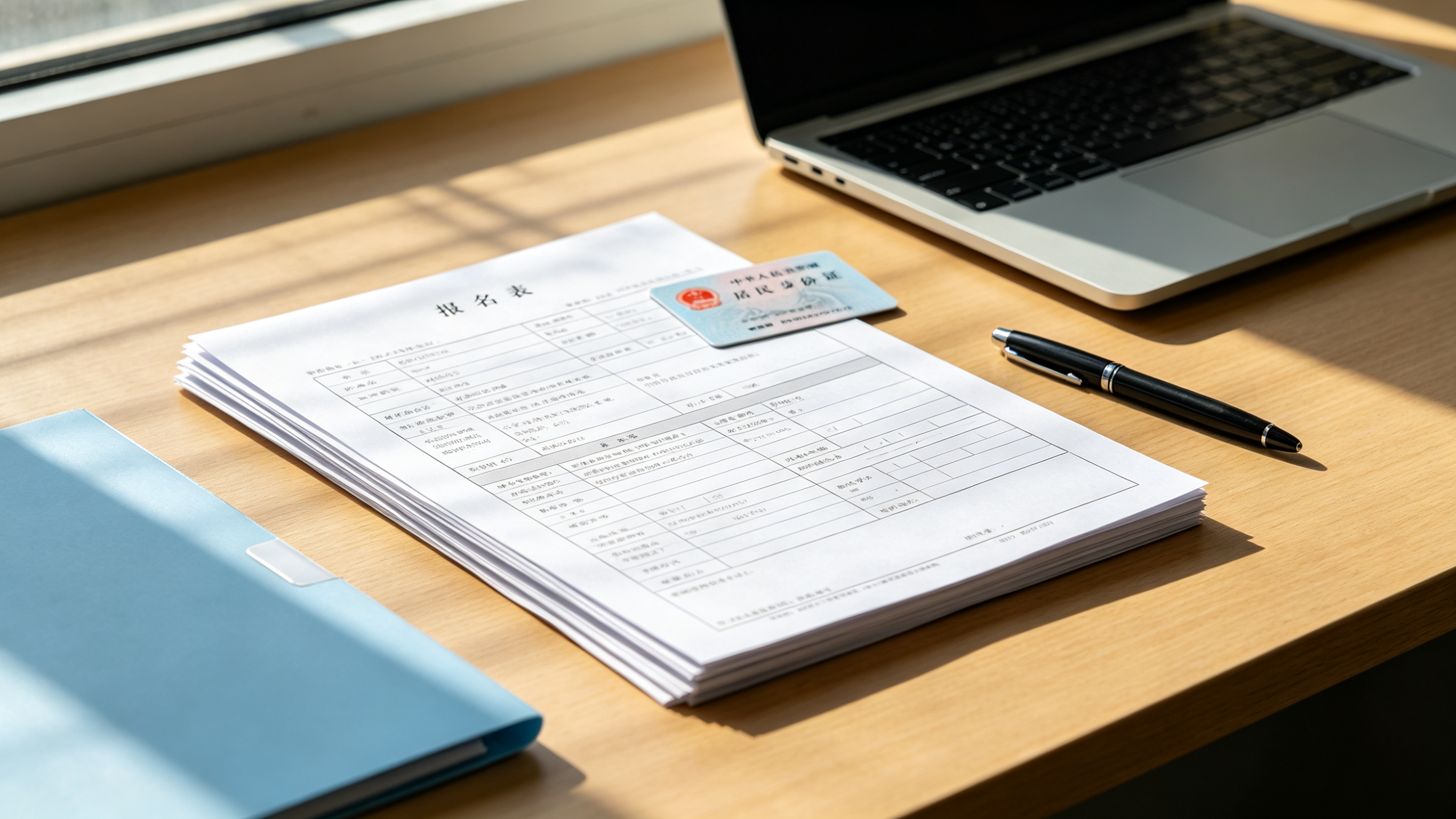 办公桌报名表格身份证签字笔与笔记本电脑