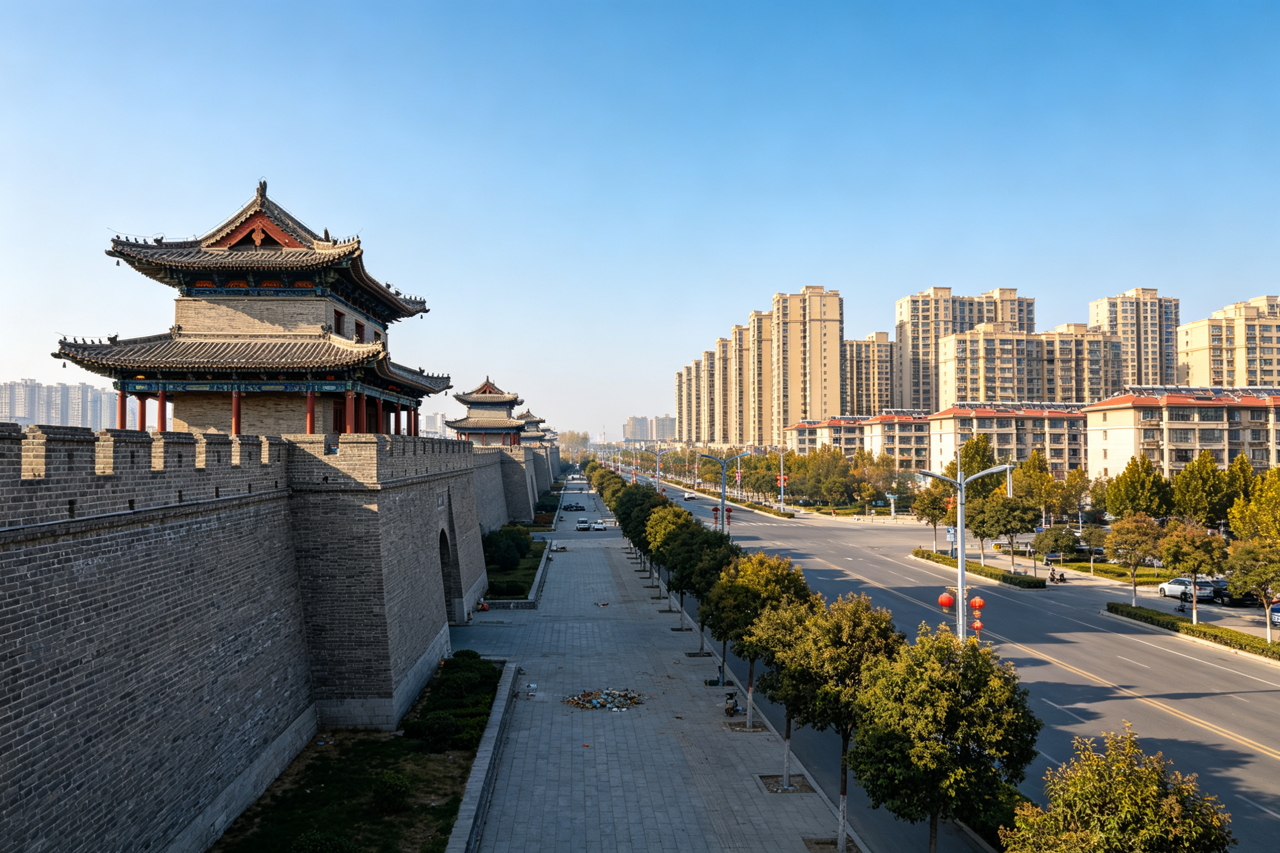 商丘古城墙与现代高楼天际线