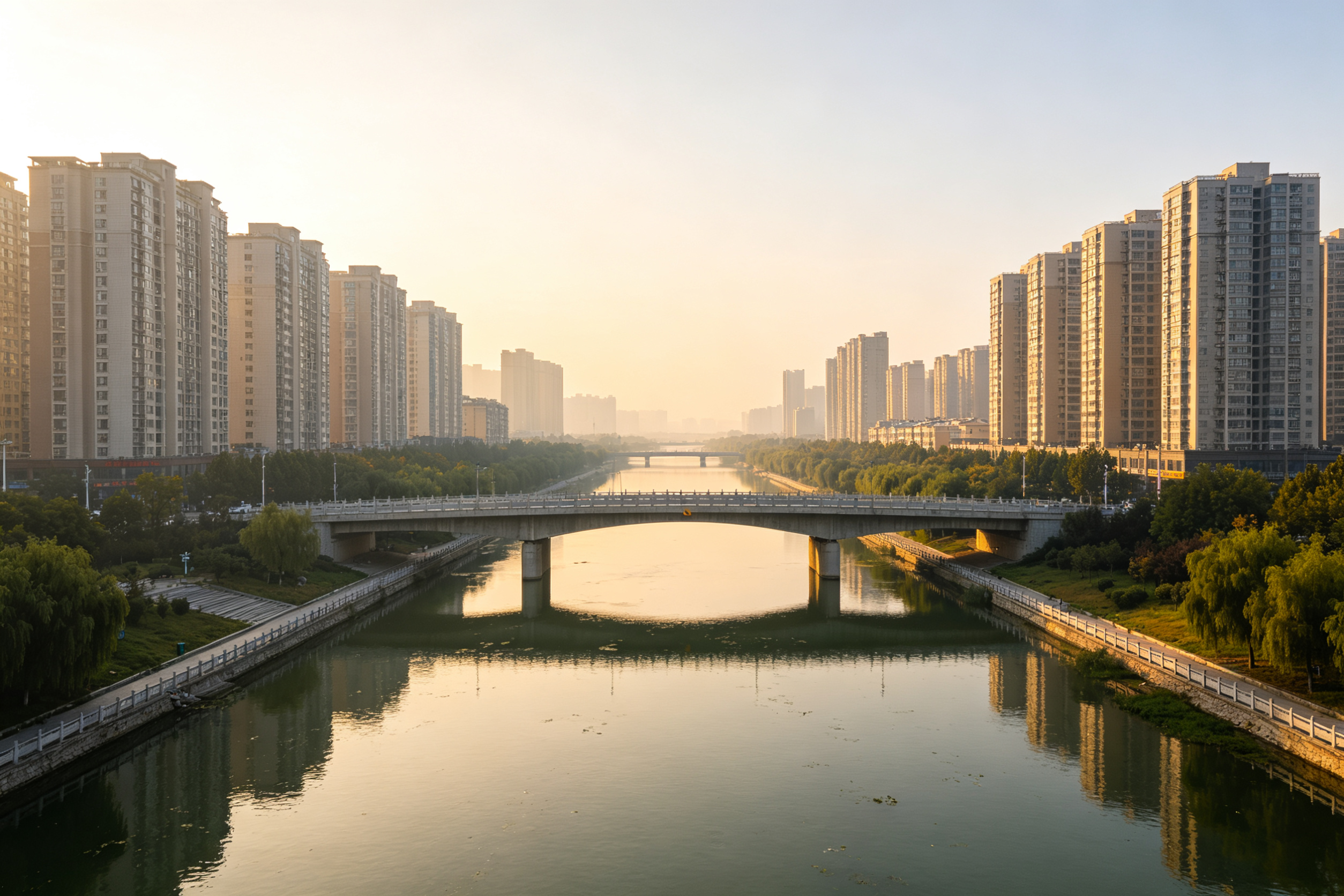 周口沙颍河两岸与跨河大桥晨光