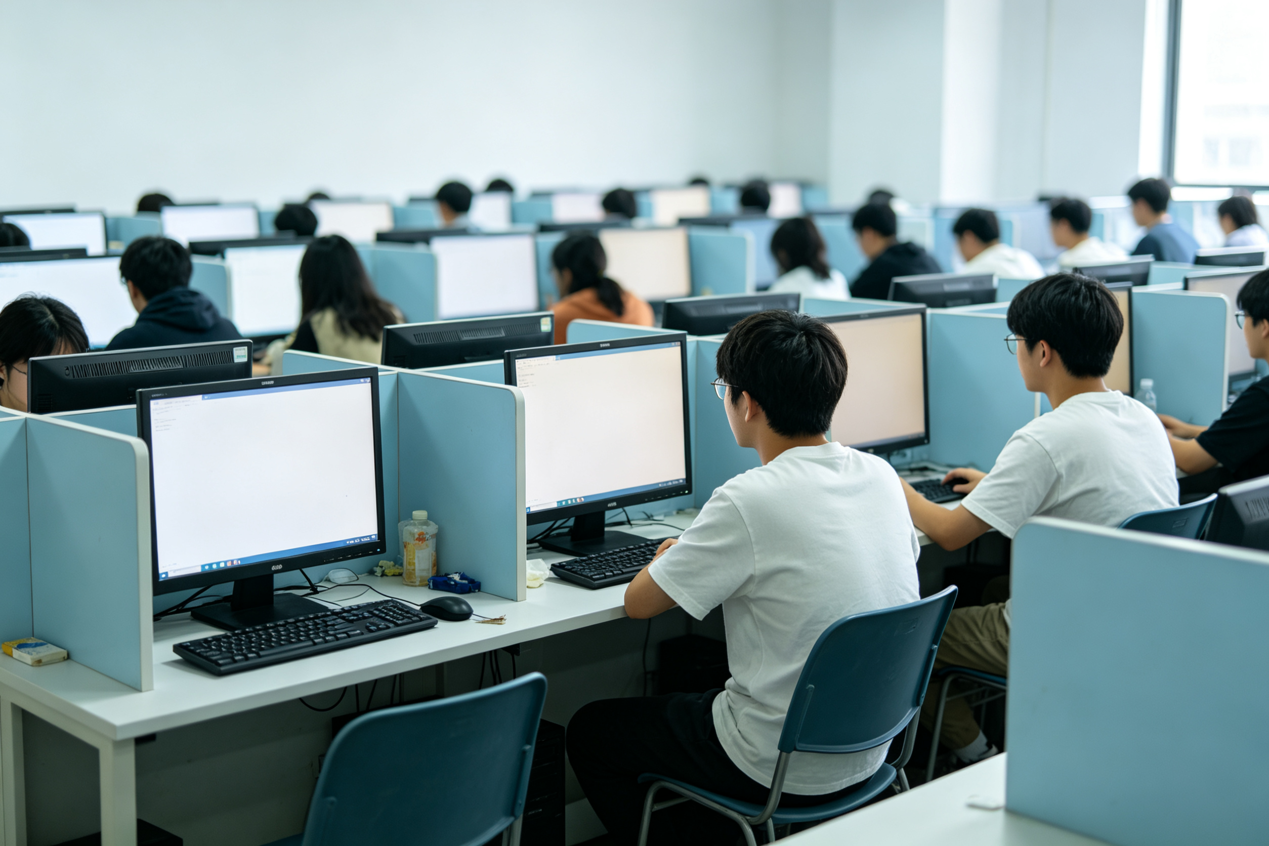电脑机房成排隔间学员机考练习